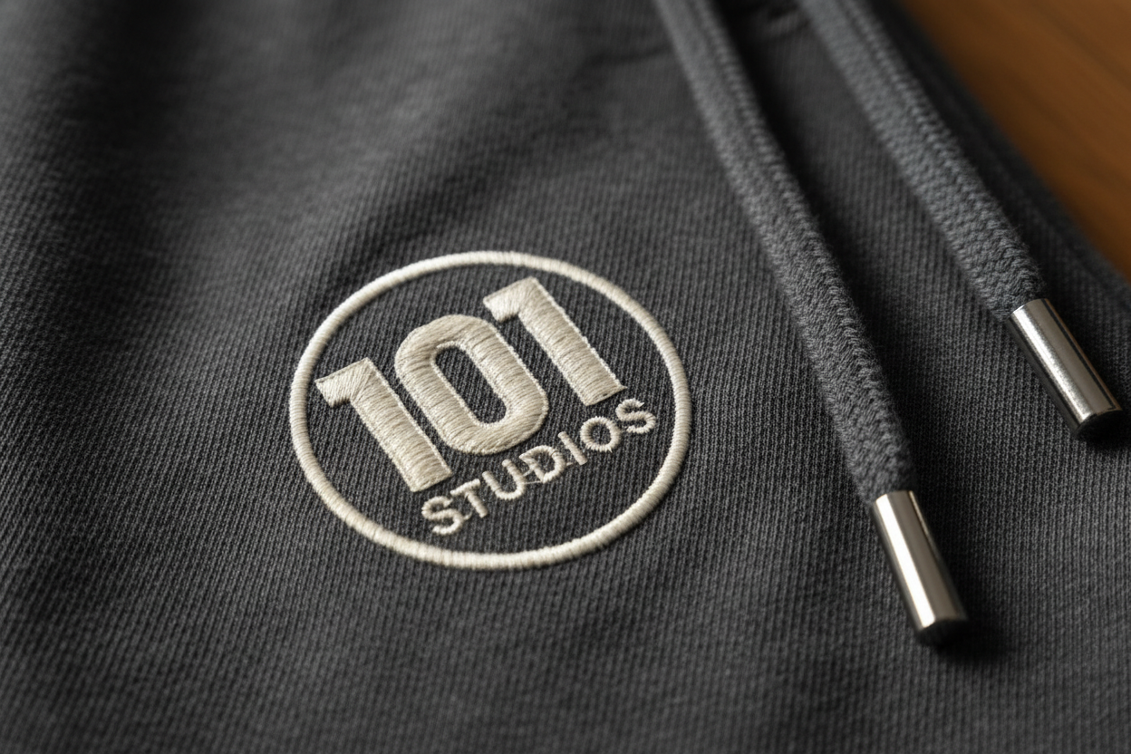 Close-up detail of embroidered 101 Studios logo and premium cotton-polyester blend fabric texture with reinforced drawstrings