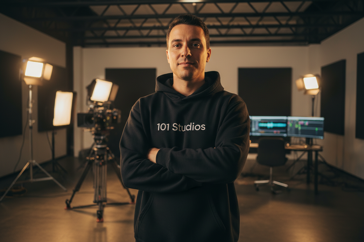 Creative professional wearing 101 Studios black hoodie in studio setting demonstrating comfortable fit and sleek design for filmmakers